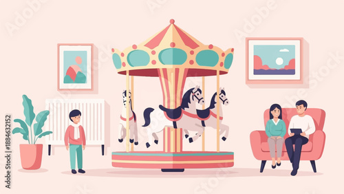 A family gathers around a carousel in a cozy, pixelated living room scene