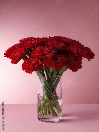 bouquet of red carnations in glass vase against soft pink background