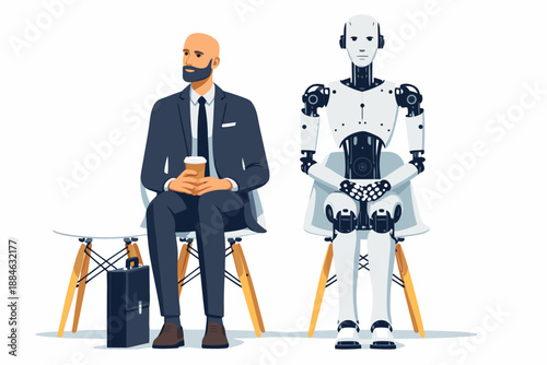 Man enjoys a coffee break while sitting next to a polite robot companion.