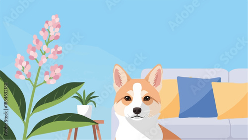 A friendly corgi sits near a flowering plant and a sofa with cushions