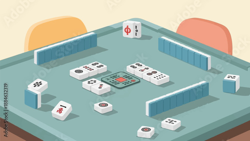 A game of mahjong is set up on a table with tiles and dice, ready for play