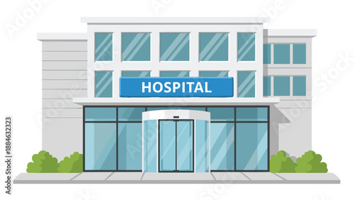 Modern hospital building exterior with a clear "HOSPITAL" sign, representing healthcare facilities and medical services.