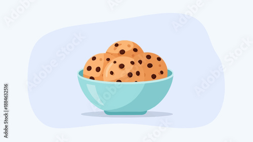 A light blue bowl filled with chocolate chip cookies