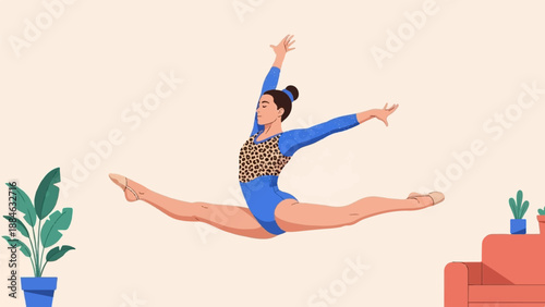 A gymnast in a blue leotard with leopard print performs a split leap