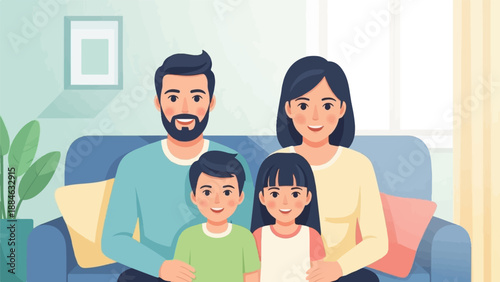 A happy cartoon family poses together on a sofa in a bright room