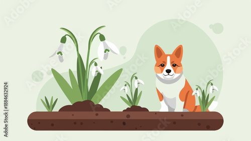 A happy corgi sits by blooming snowdrops in a stylized garden
