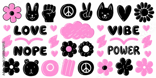 Playful pink and black hand gestures symbols and positive message stickers