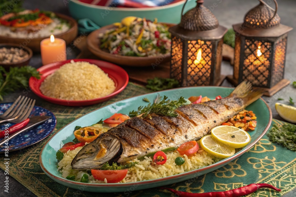 custom made wallpaper toronto digitalA plate of fish with lemon slices and vegetables is set on a table with candles