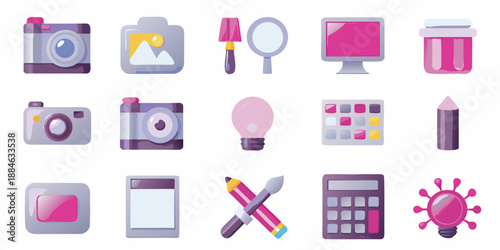 Collection of various creative tools and technology icons in shades of purple