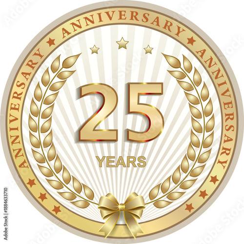 25 years anniversary vector golden design background for celebration, congratulation and birthday card, logo. Vector illustration