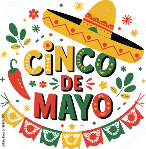 Cinco de Mayo festive vector lettering with sombrero, chili pepper, and Mexican party decorations