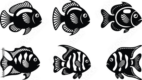 Set of stylized tropical fish silhouettes, Black and white marine vector icons for logo, tattoo, and stencil design