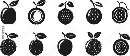 Exotic Fruit Icon Set, Lychee, Passion Fruit, and Plum Vector Silhouettes