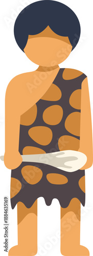 Cartoon caveman wearing animal skin clothes holding a bone tool in a minimalist style