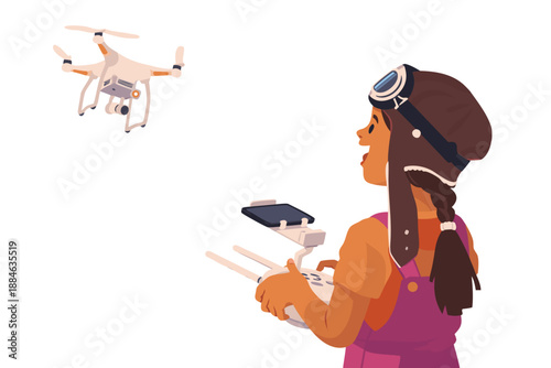 Young woman controls a flying drone with the help of a robotic assistant.