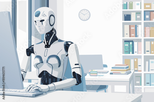 Android and a human stand in a modern hallway for a professional talk.