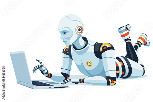 Humanoid robot lies on the floor while focused on a laptop screen in a bright room.