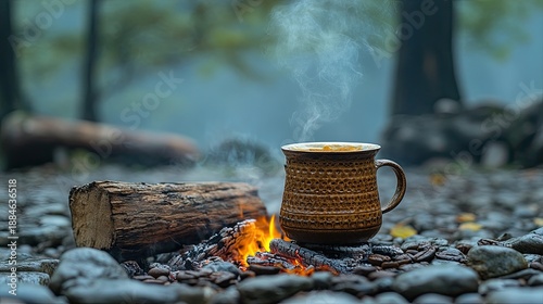 Brewing coffee in a cezve over open fire while camping in the forest.