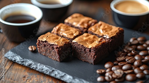 Chocolate brownies and espresso shot served on a black stone plate.