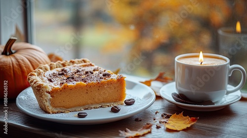 Coffee and pumpkin pie served on a cozy autumn table with candles.