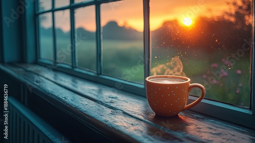 Early morning train ride with coffee in hand and peaceful countryside views.