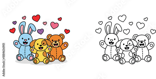 Cute stuffed animals vector illustration with rabbit, dog, and bear surrounded by hearts including black and white coloring book outline.