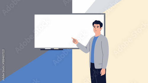 Man pointing at blank whiteboard presentation, teaching, business meeting, education concept