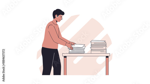 Man Organizing Stack of Papers on Table, Workload Management, Office Tasks