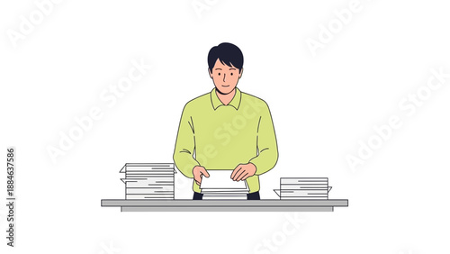 Man organizing stacks of documents on a desk, business paperwork concept