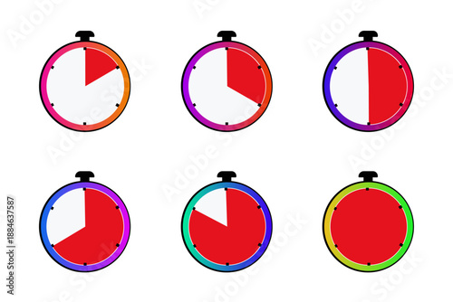 Progressive timeline icons illustrating a countdown and time completion sequence.