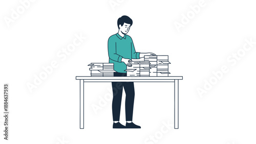 Man organizing stacks of documents on a table, business concept illustration