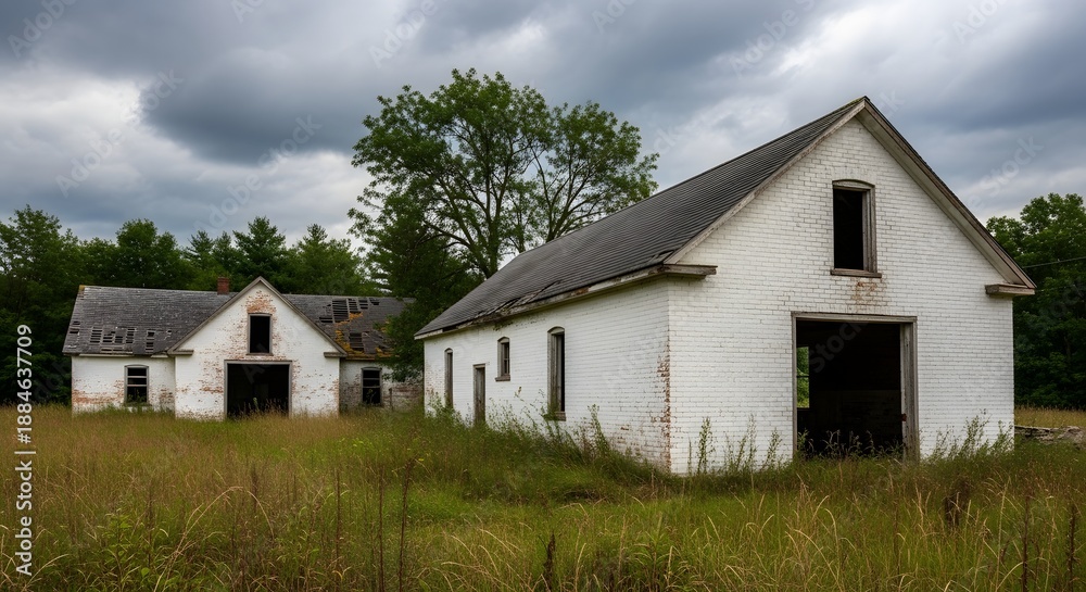 Obraz premium Abandoned white brick farm buildings in overgrown field under cloudy sky