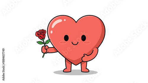 Cartoon Heart Character Holding Red Rose.