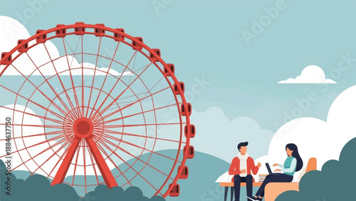 People work and relax near a giant Ferris wheel under a cloudy sky
