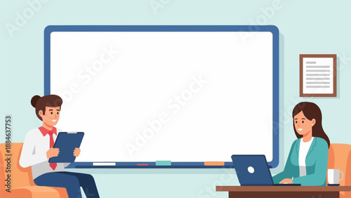 Two colleagues collaborate in a bright room with a whiteboard