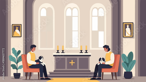 Two people and their dogs sit in chairs inside a church