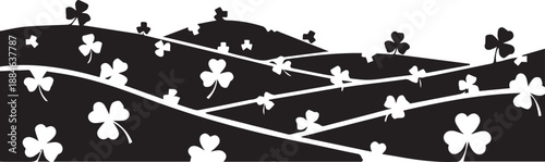 Black and white rolling hills with shamrocks and clover pattern