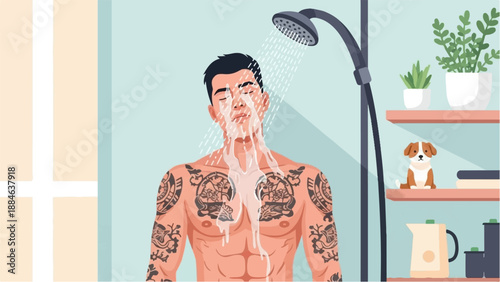 Tattooed man enjoying a refreshing shower with his dog nearby