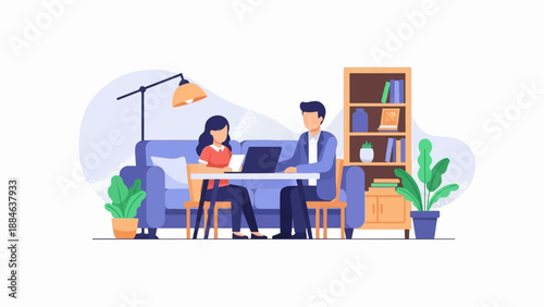 Two people at a table in a cozy room, one using a laptop