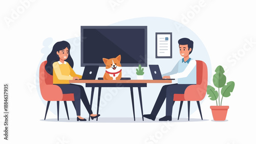 Two people and a corgi work at a table with laptops and a large screen