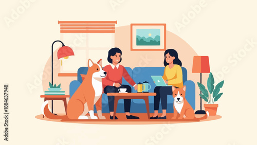 Two women and dogs relax at home, one working on a laptop