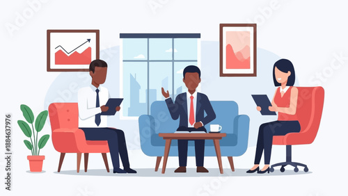 Three professionals in a modern office discuss documents at a meeting