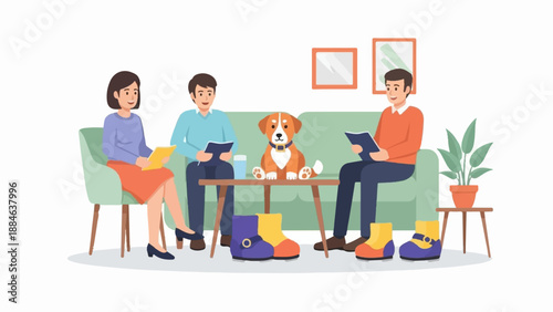 Three people and a dog sit on a couch, reading