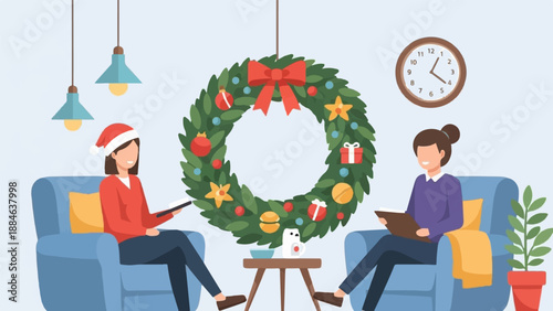 Two people in chairs by a Christmas wreath, one wearing a Santa hat