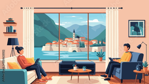 Two people relax in a cozy room with a stunning coastal town view