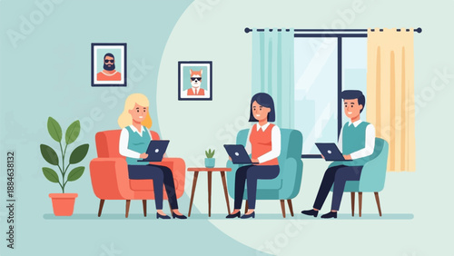 Three people work on laptops in comfortable chairs in a modern room