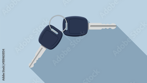 Two dark blue car keys with silver keychains on a light blue background