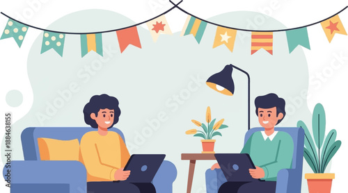 Two smiling individuals work on laptops on a couch with festive bunting overhead