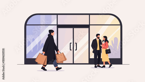 Shoppers with bags walk past a store with a couple talking outside