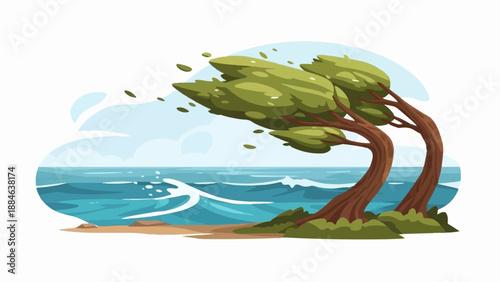 Windy coastal scene with trees bending over choppy ocean waves